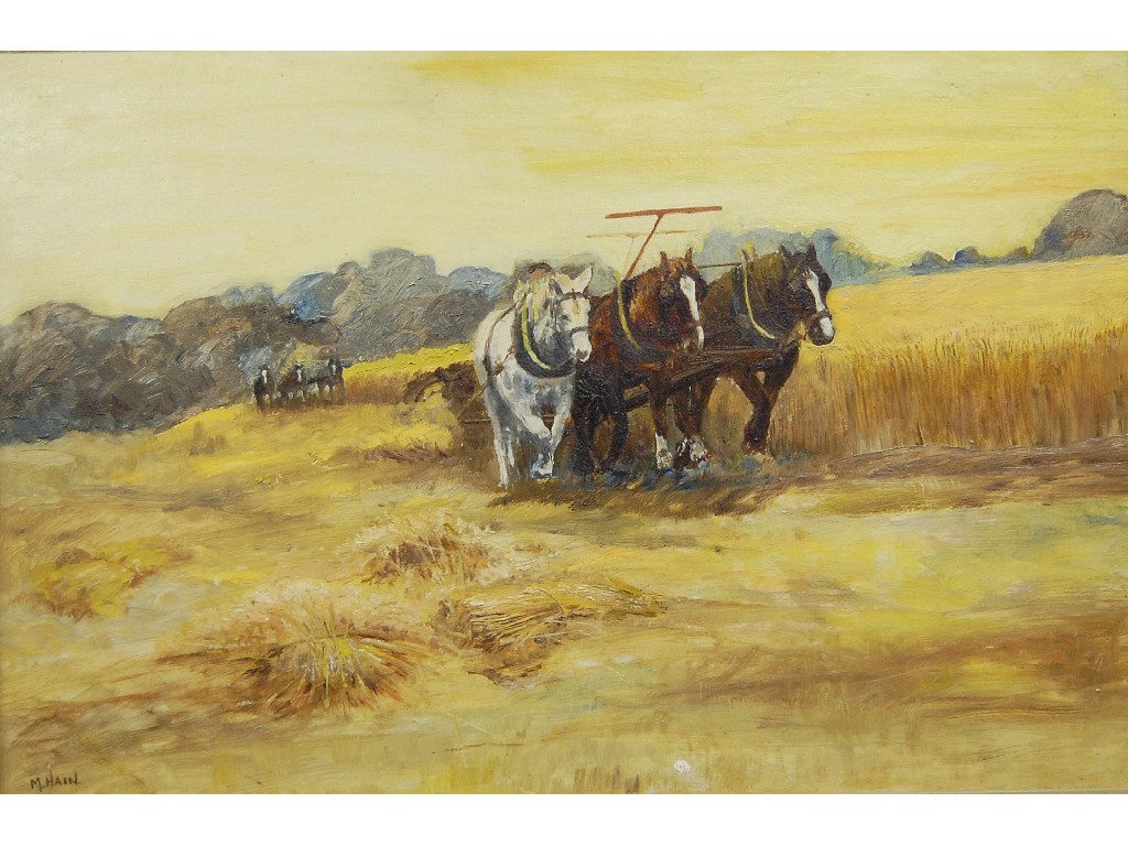 Appraisal: M Hain - 'Harvest Time' a trio of horses pulling