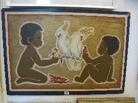 Appraisal: MILES ABORIGINAL CHILDREN AND COCKATOOS OIL ON CARVED PANEL