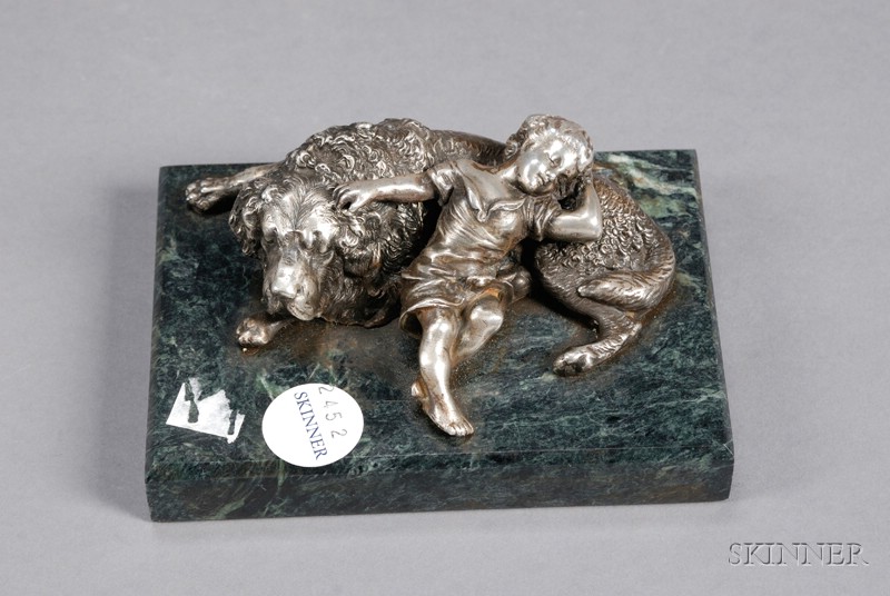 Appraisal: Russian Silver Figure of a Boy and Dog Napping bearing