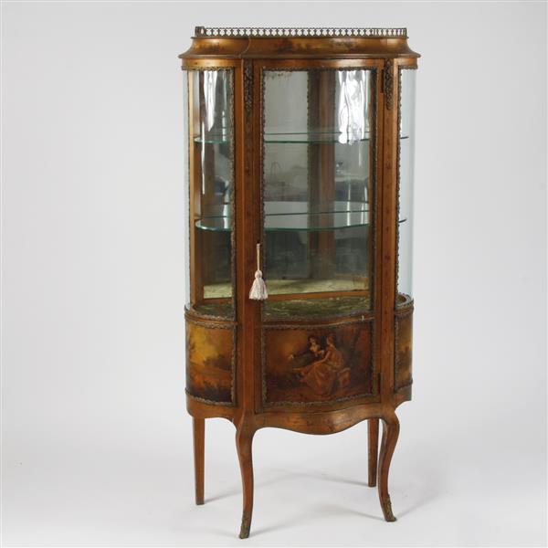 Appraisal: French Louis XV vernis Martin style scenic curved glass curio