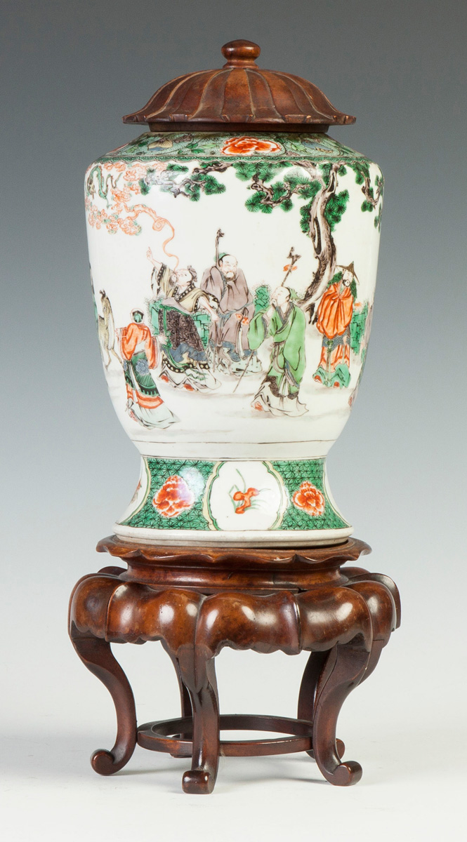 Appraisal: Chinese Porcelain Vase with Immortals Signed Teakwood lid and stand