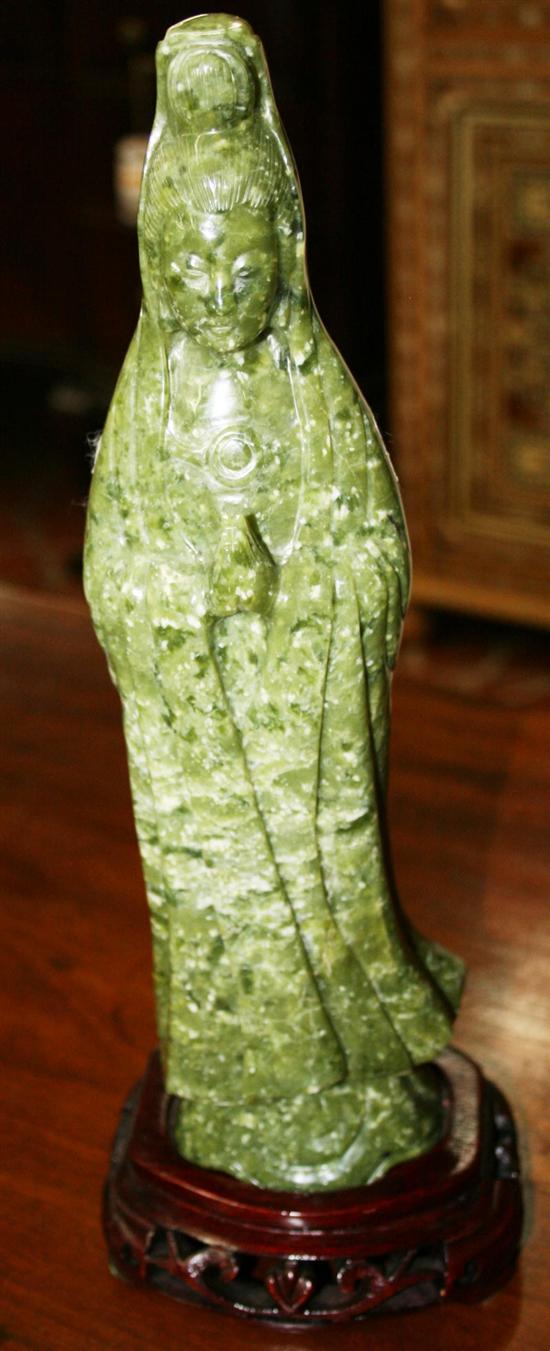 Appraisal: Chinese nephrite jade Quan Yin mottled olive green carved stone