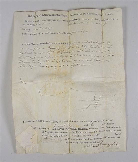 Appraisal: David Campbell Signed Land Grant Partly engraved document on vellum