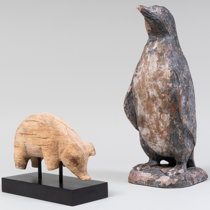 Appraisal: Wood Folk Art Figures of a Penguin and Pig The