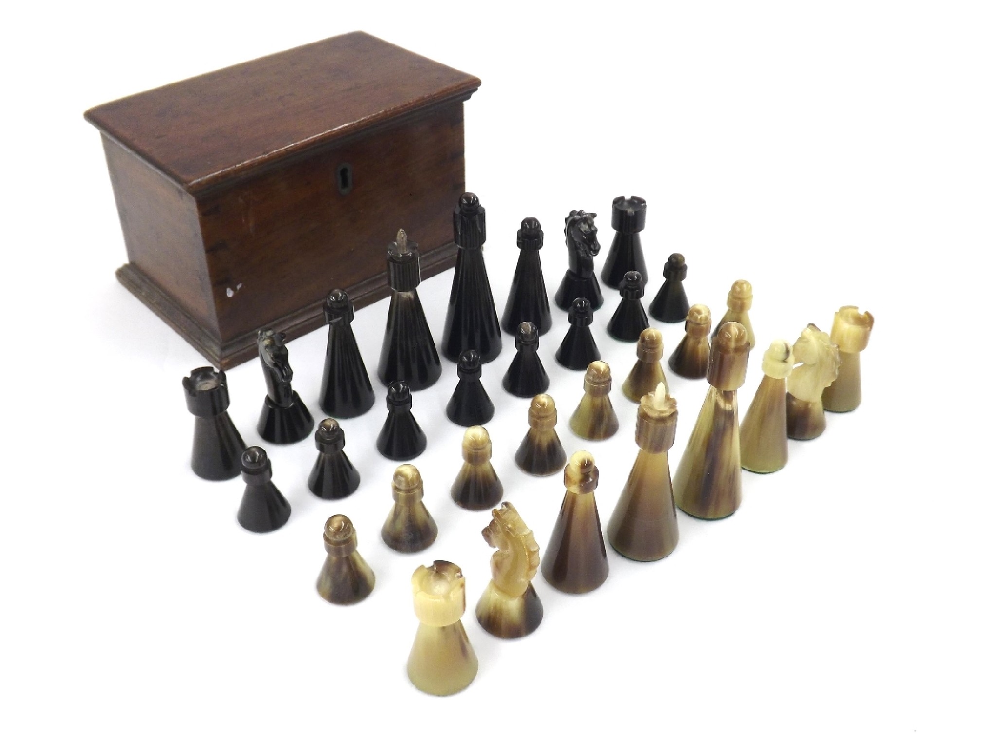 Appraisal: Unusual horn chess set within a mahogany box height of