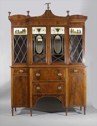 Appraisal: Federal-Style Inlaid Mahogany and Verre glomis Secretary Bookcase x x