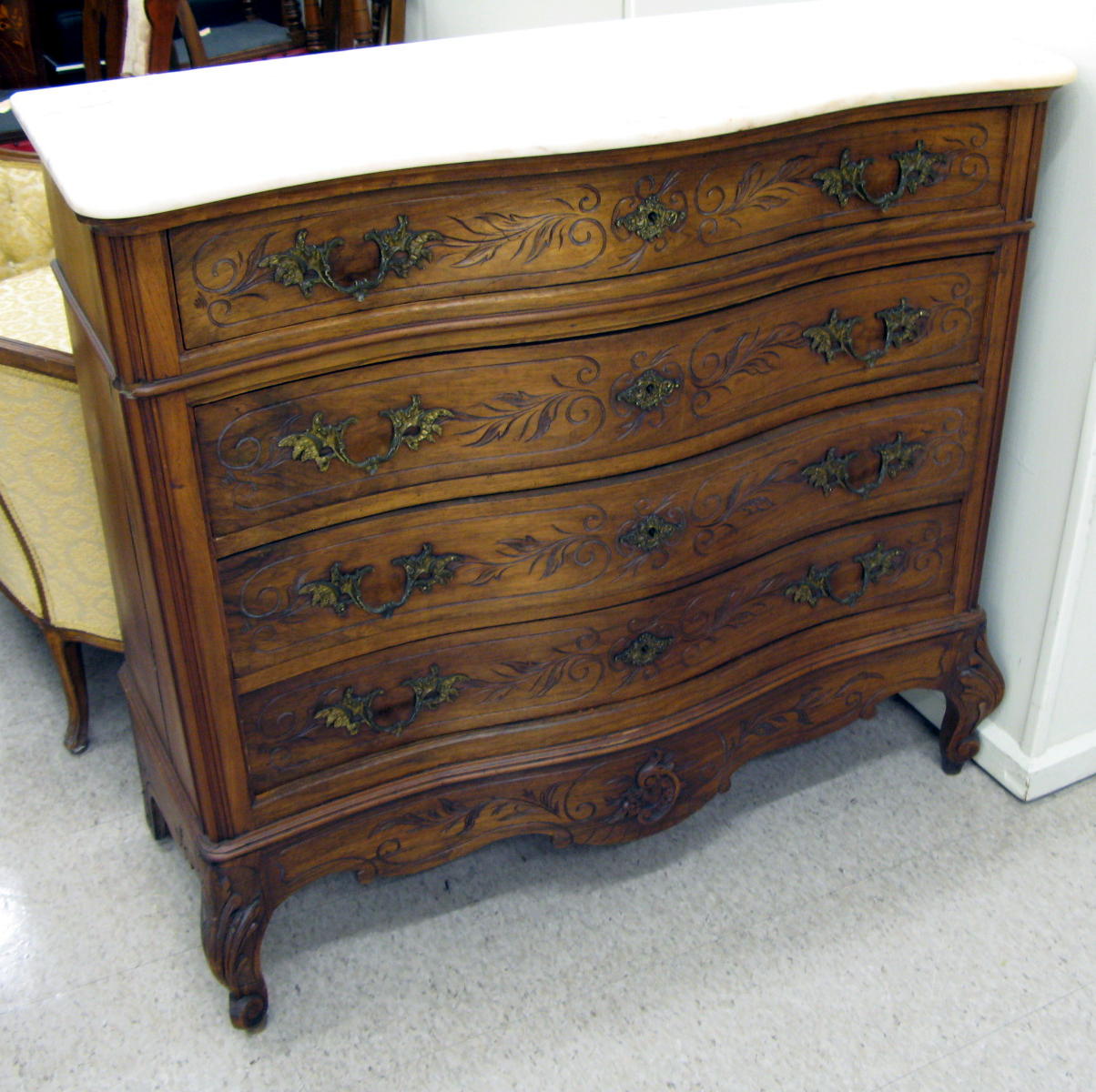 Appraisal: LOUIS XV STYLE MARBLE-TOPPED CHEST OF DRAWERS French th century