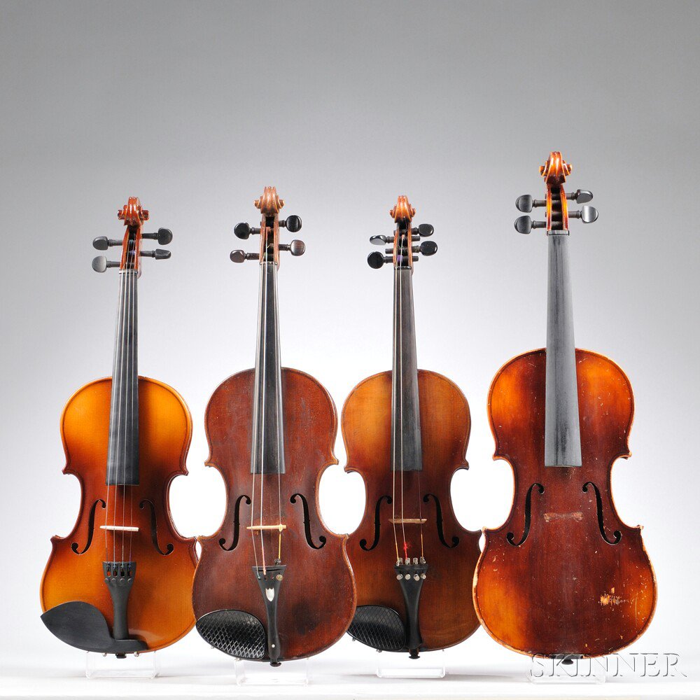 Appraisal: Viola and Three Violins the viola labeled JOHN JUZEK MADE