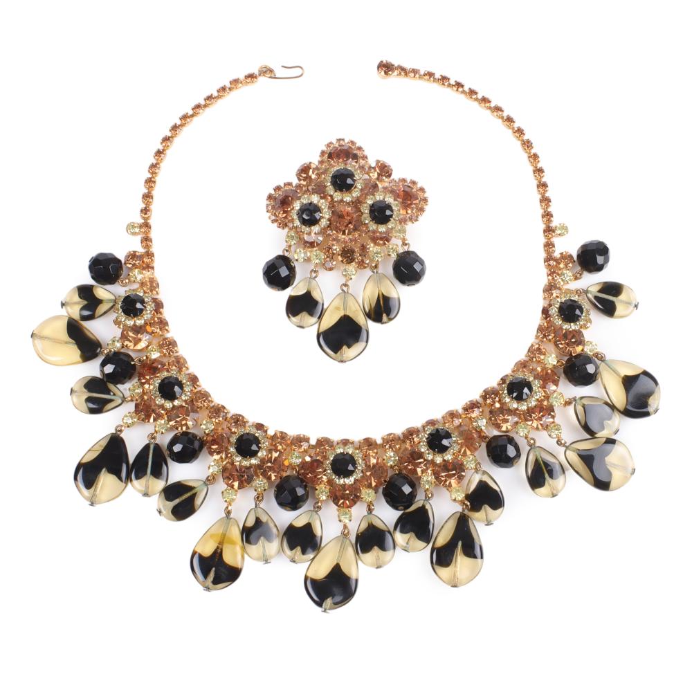 Appraisal: Unsigned gold tone statement drop necklace and brooch demi parure