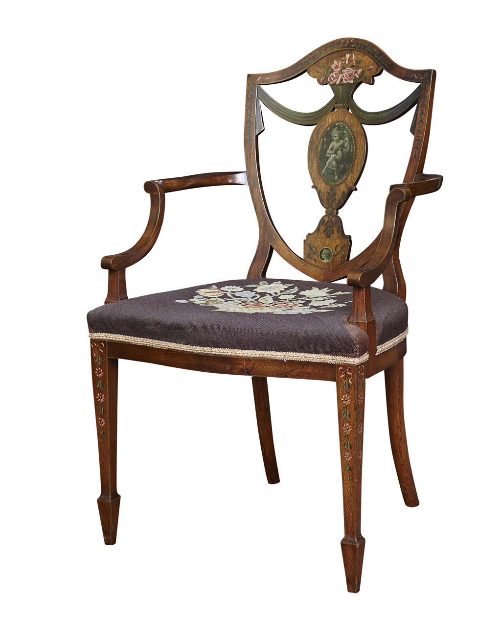 Appraisal: EDWARDIAN PAINTED ROSEWOOD OPEN ARMCHAIR EARLY TH CENTURY of George