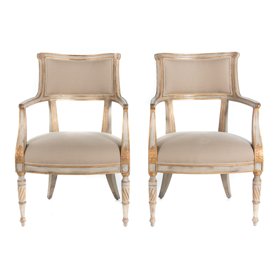 Appraisal: Pair of Louis XVI style painted fauteuils st century curved