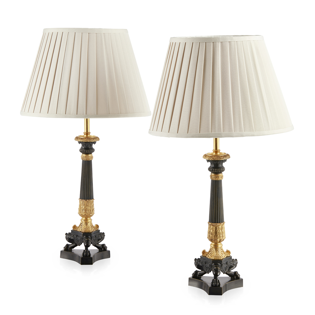 Appraisal: PAIR OF REGENCY GILT AND PATINATED BRONZE LAMPS EARLY TH