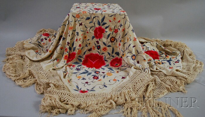 Appraisal: Large Floral Hand-embroidered Silk Shawl with crocheted and fringed border