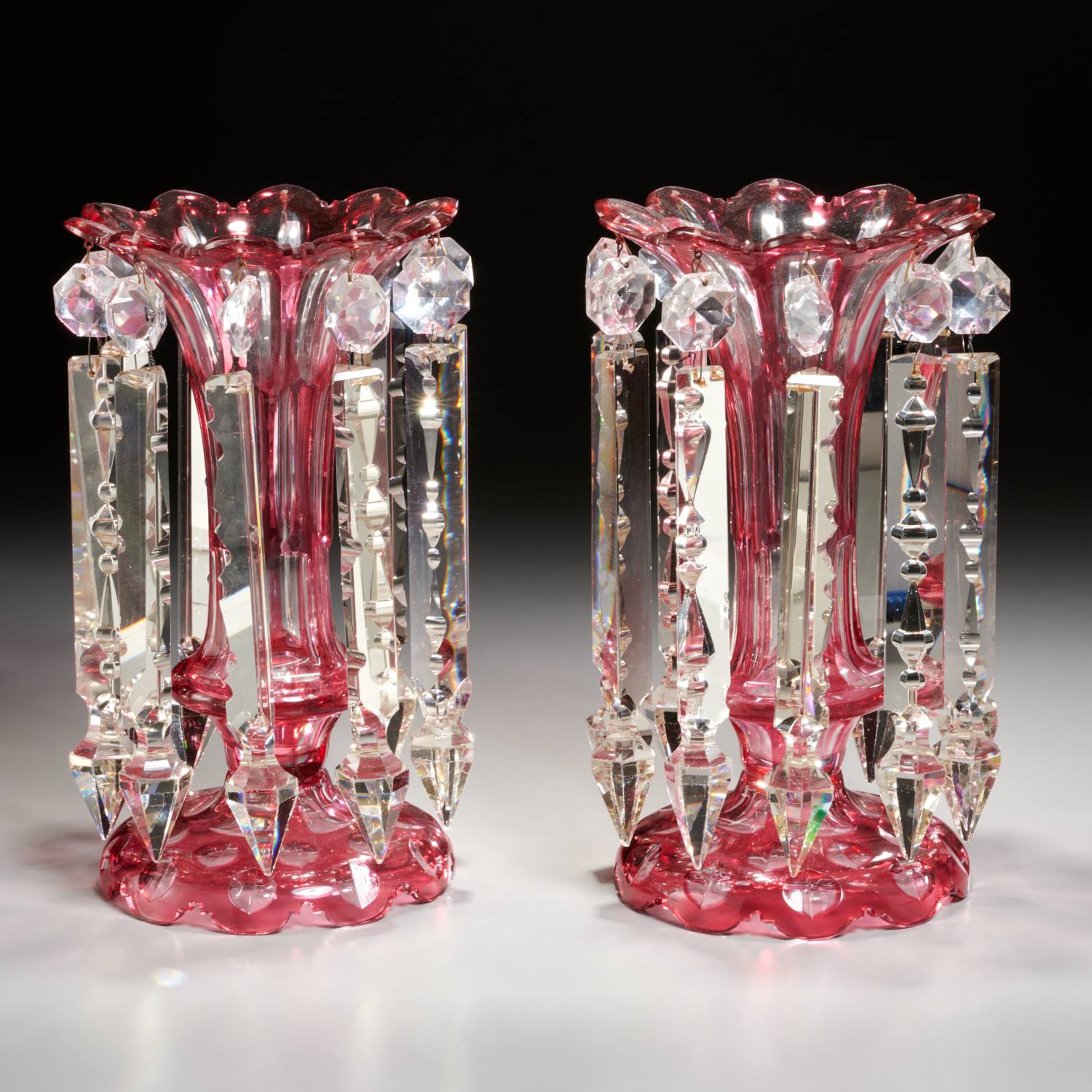 Appraisal: PAIR LARGE BOHEMIAN CUT CRYSTAL LUSTERS th th c pink