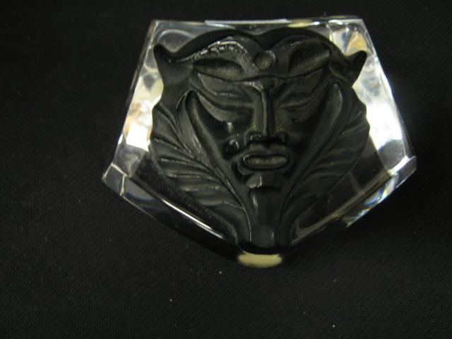 Appraisal: Lalique French Crystal Lion's Head Paperweight black clear x excellent