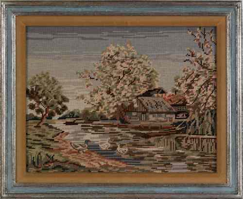 Appraisal: Six framed scenic needleworks early th c largest - x