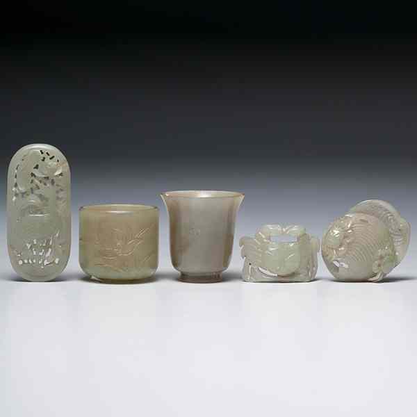 Appraisal: Chinese Carved Jade Articles Chinese a collection of five carved