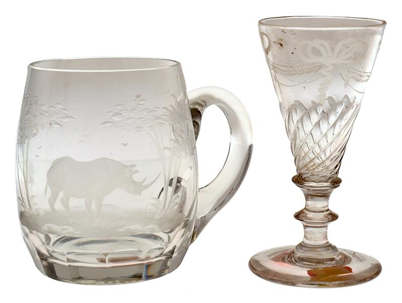 Appraisal: ETCHED GLASS MUG WITH RHINO IMAGERY AND FLUTED HAND BLOWN