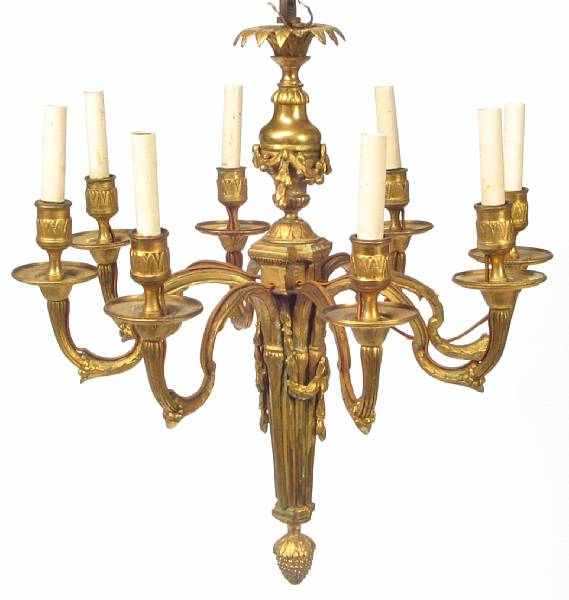 Appraisal: A Louis XVI style gilt bronze eight light chandelier height