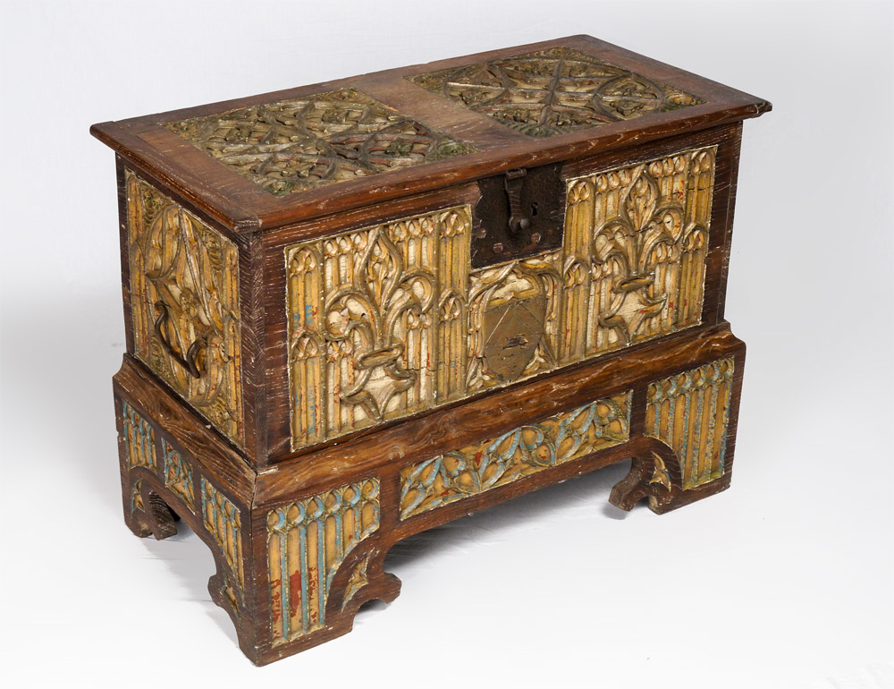 Appraisal: EARLY CARVED DECORATED SACRISTY CHEST Carved polychrome decorated panels in