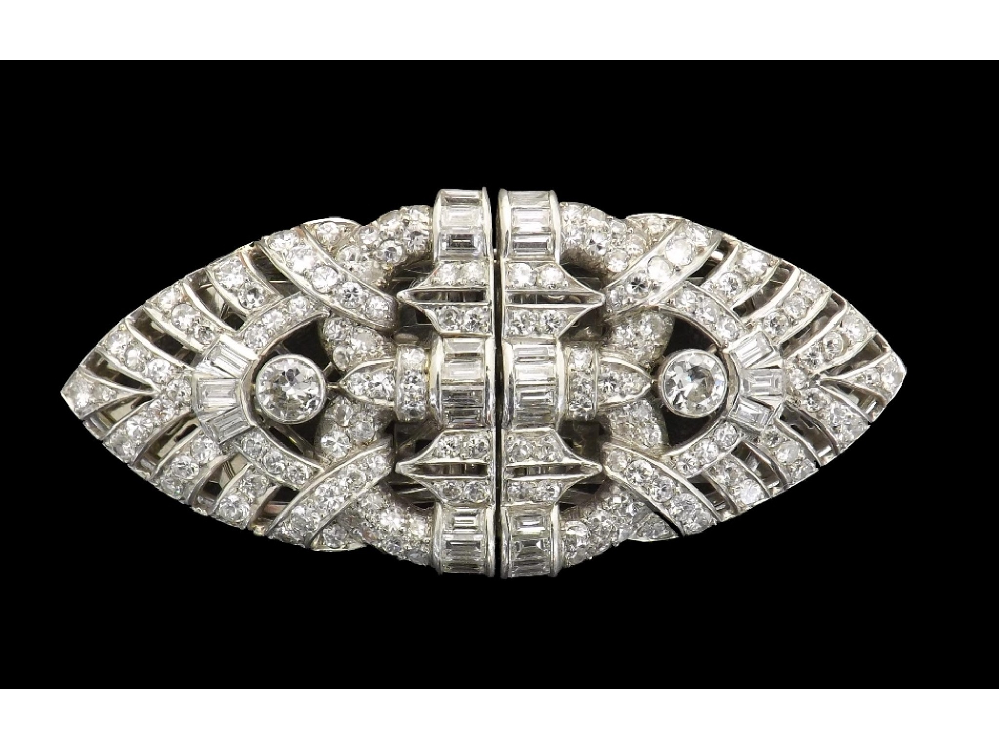 Appraisal: Art Deco fine quality platinum diamond double clip brooch with