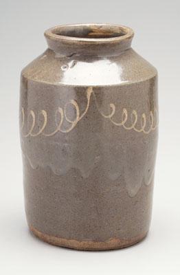 Appraisal: Chandler slip-decorated stoneware jar slightly tapered medium gray brown alkaline