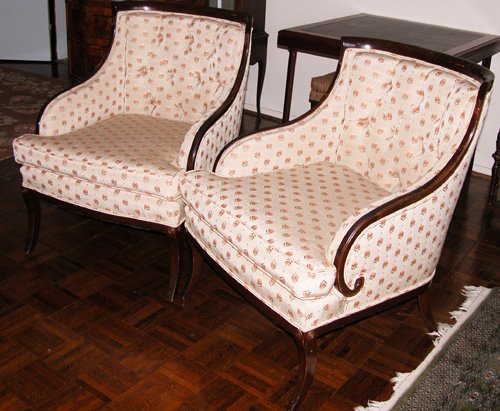 Appraisal: Artist Title Mahogany framed Regency-style armchairs upholstered in beige and