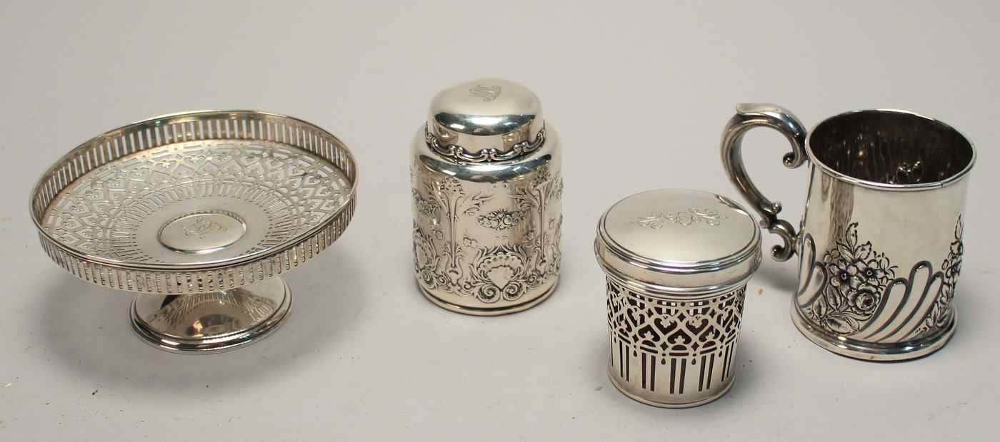 Appraisal: FOUR PIECES OF STERLING SILVER HOLLOWWAREIncludes a tea caddy by