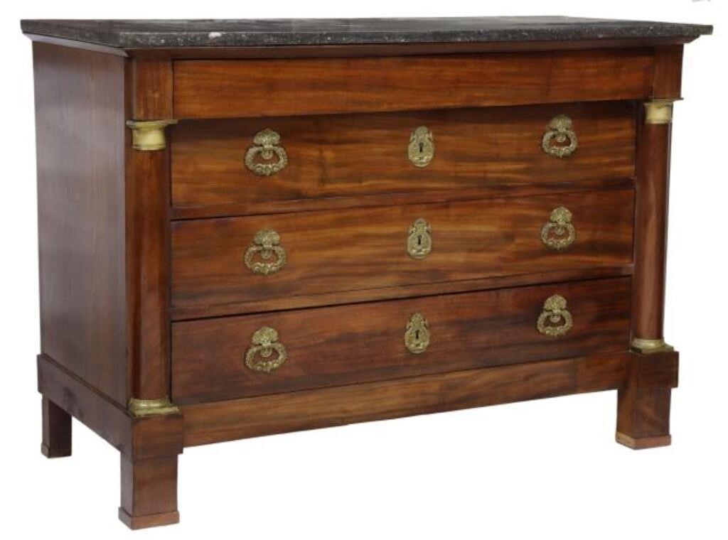 Appraisal: French Empire style mahogany commode th c marble top over