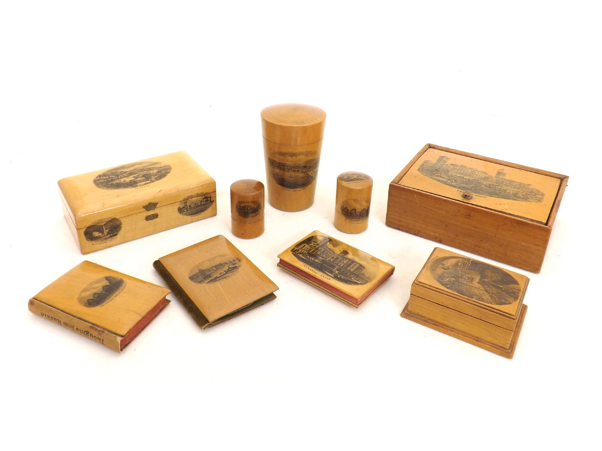 Appraisal: Mauchline ware - boxes and books decorated with transfers of