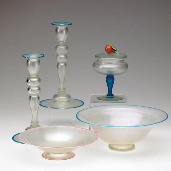 Appraisal: STEUBEN Five Verre-de-Soie pieces pair of candlesticks two flaring bowls