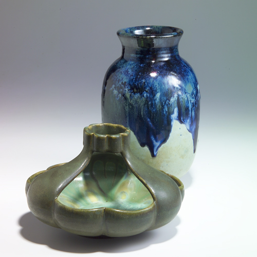 Appraisal: FULPER Two vessels barrell-shaped vase in thick frothy cobalt glaze