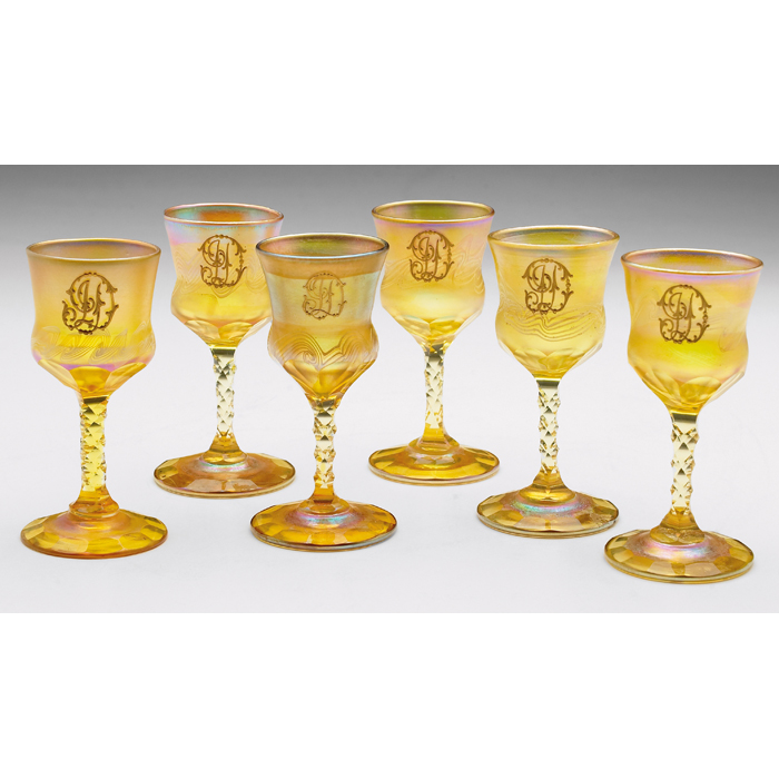 Appraisal: L C Tiffany cordial glasses set of six gold favrile