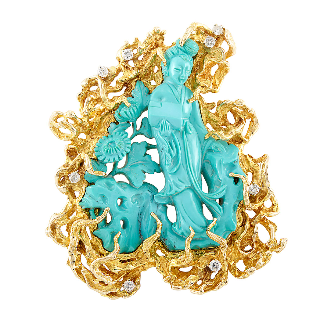 Appraisal: Gold Carved Turquoise and Diamond Pendant-Brooch One carved turquoise ap