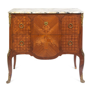 Appraisal: A Louis XV XVI Transitional Style Marquetry Marble-Top Commode Early