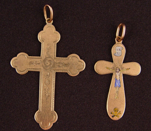 Appraisal: VICTORIAN RUSSIAN GOLD CROSS PENDANTS Two K yellow gold Victoria