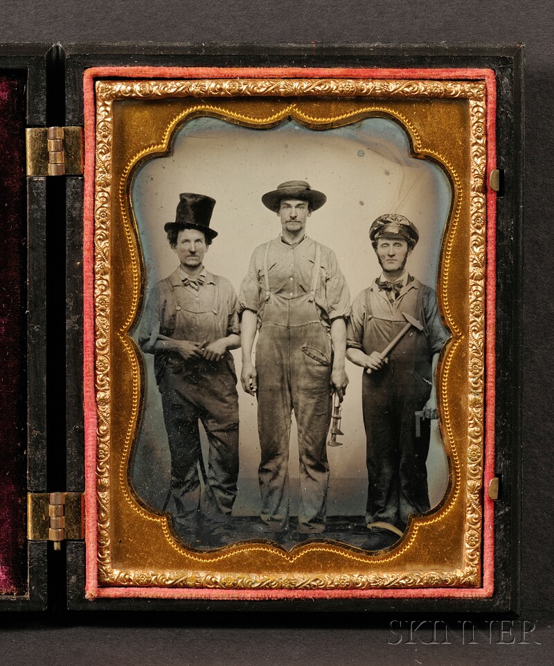 Appraisal: Quarter Plate Vocational Ambrotype of Three Men Holding Tools in