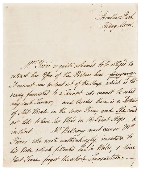 Appraisal: PIOZZI Hester Lynch Thrale - Autograph letter signed Mrs Piozzi