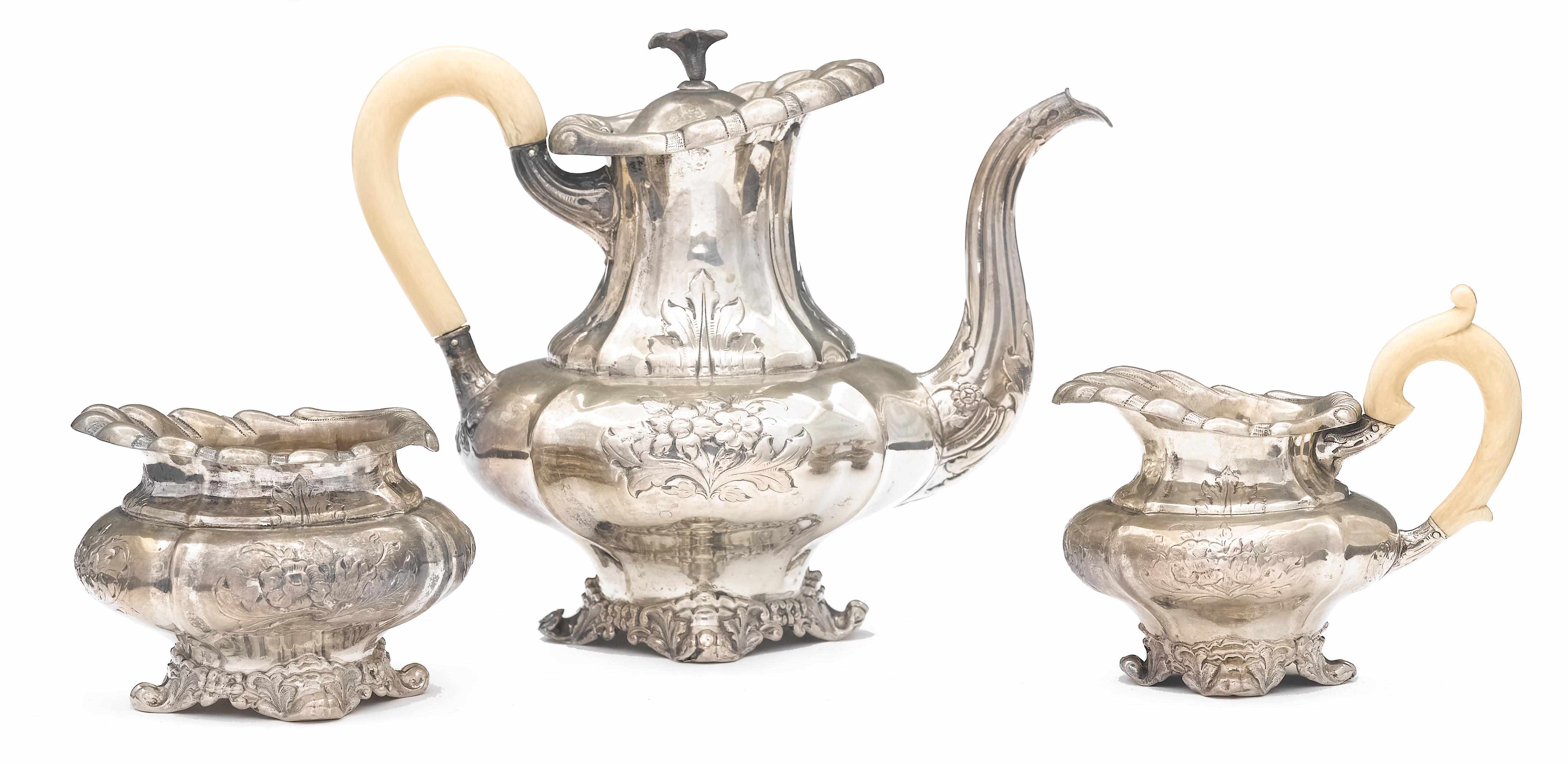 Appraisal: A German standard silver and ivory three piece tea set