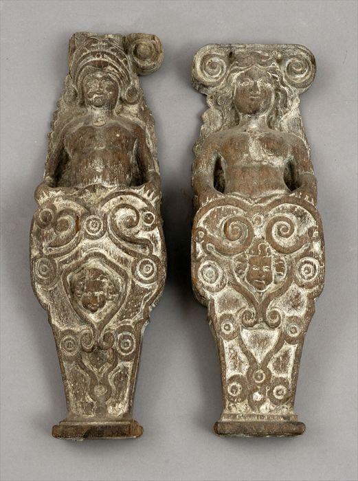 Appraisal: Pair of Elizabethan-Style Carved Oak Term Figure Ornaments and in