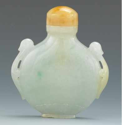 Appraisal: Carved Jadeite Snuff Bottle Carved jadeite of celadon green color