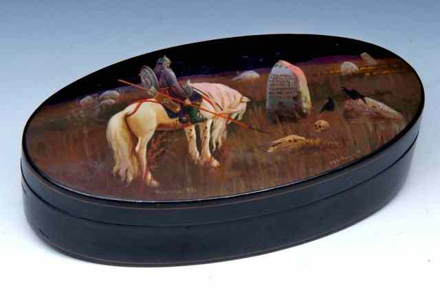 Appraisal: A RUSSIAN BLACK LACQUER OVAL BOX with mythological scene with