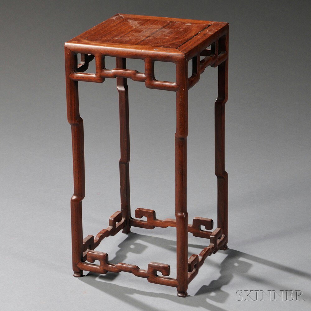 Appraisal: Square Tabletop Stand China hardwood top panel set in curved