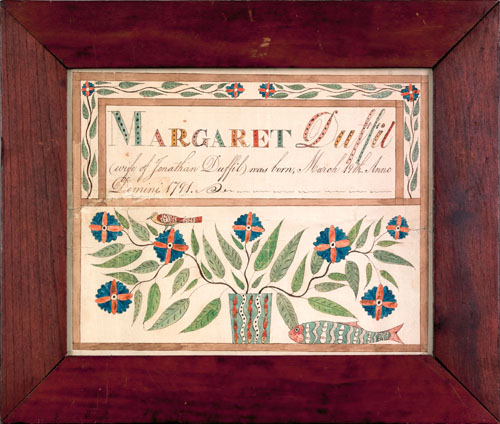 Appraisal: New Jersey ink and watercolor fraktur birth record for Margaret