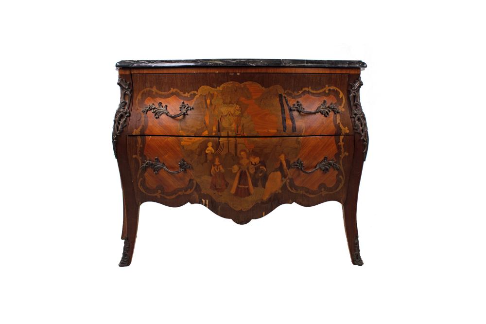 Appraisal: LOUIS XV STYLE MARQUETRY INLAID ORMOLU MOUNTED MARBLE TOP COMMODECondition