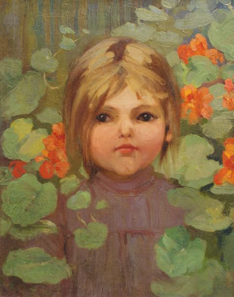 Appraisal: Twentieth Century School Girl with Nasturtiums oil on canvas x