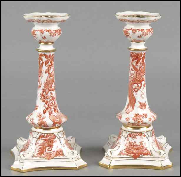 Appraisal: PAIR OF ROYAL CROWN DERBY PORCELAIN CANDLESTICKS Red Aves pattern