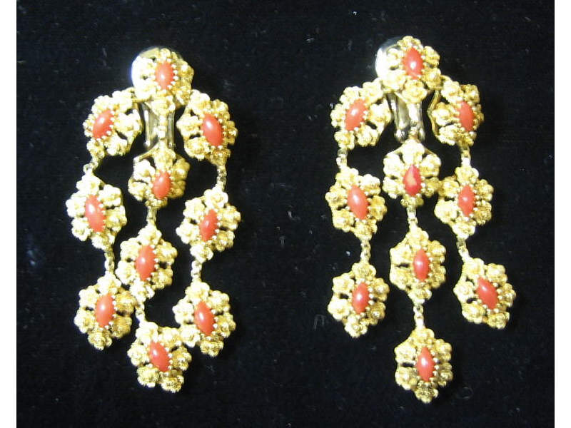 Appraisal: CORAL EARRINGS k yellow gold clip earrings with twenty marquise