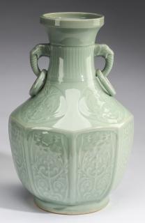 Appraisal: Chinese relief molded celadon vase h Chinese celadon bottle vase