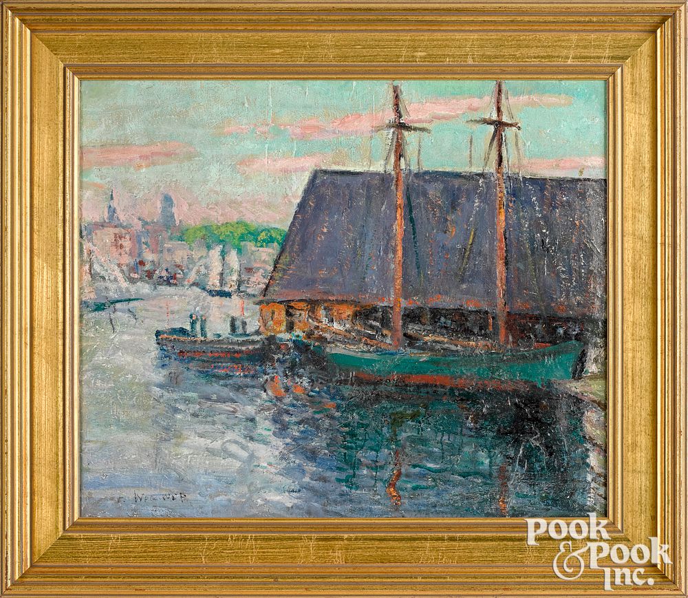 Appraisal: Frederick Wagner oil on canvas harbor scene Frederick Wagner American